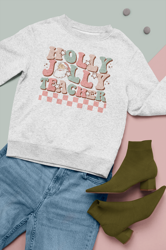 Holly Jolly Teacher Retro Crewneck