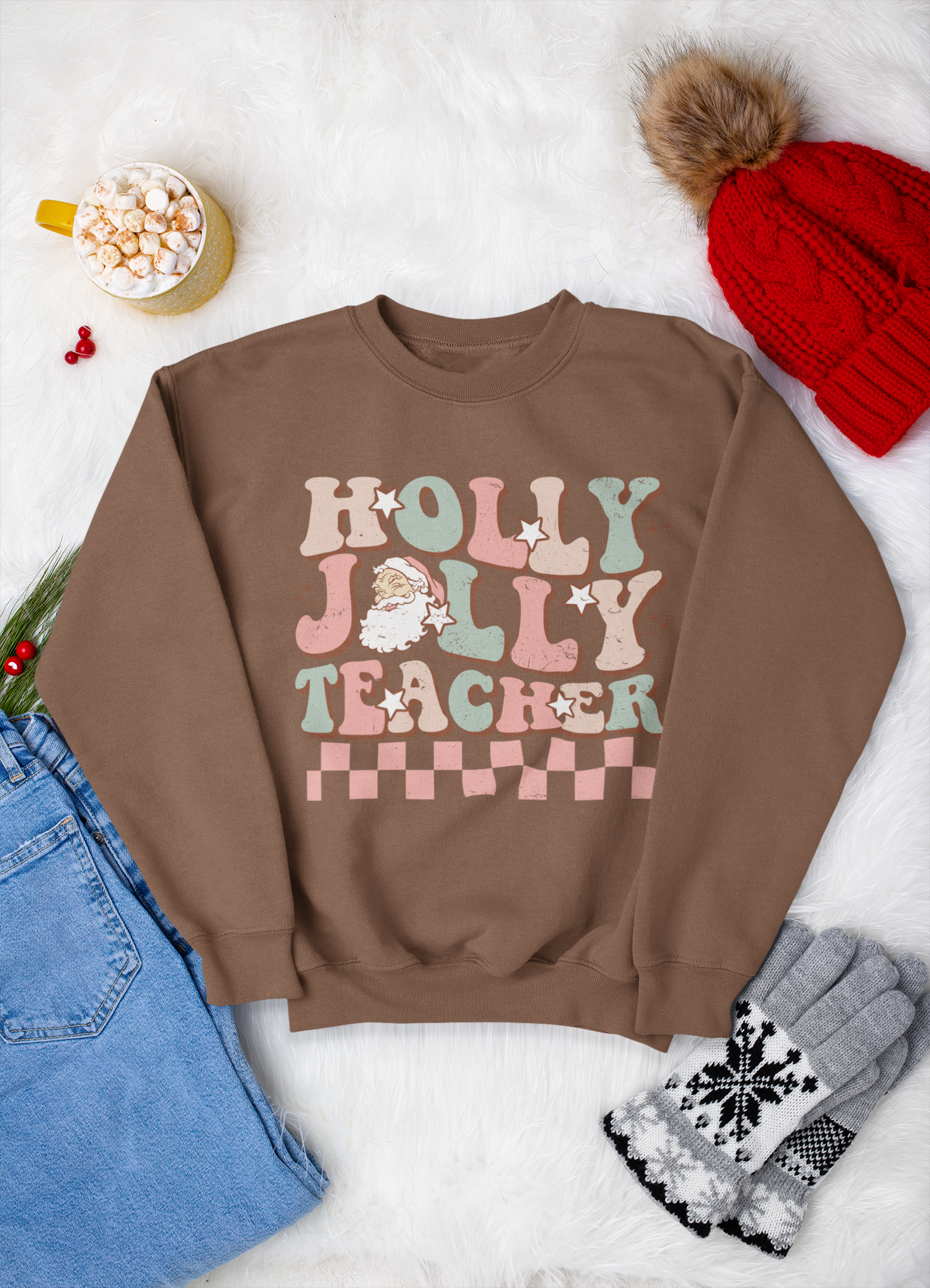Holly Jolly Teacher Retro Crewneck