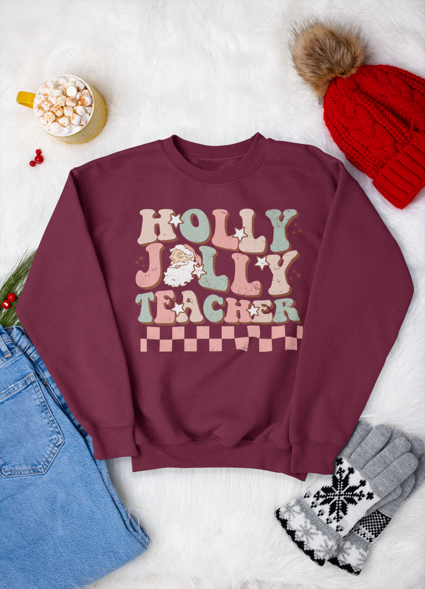 Holly Jolly Teacher Retro Crewneck