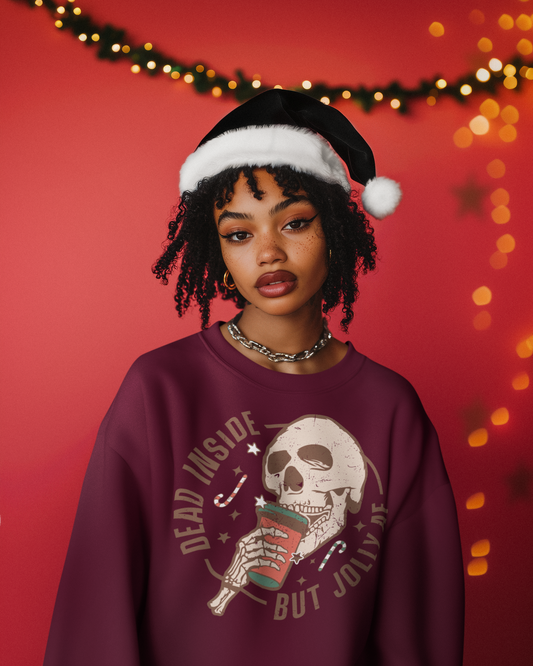 Dead Inside But Jolly AF Coffee Skull Retro Christmas Crewneck